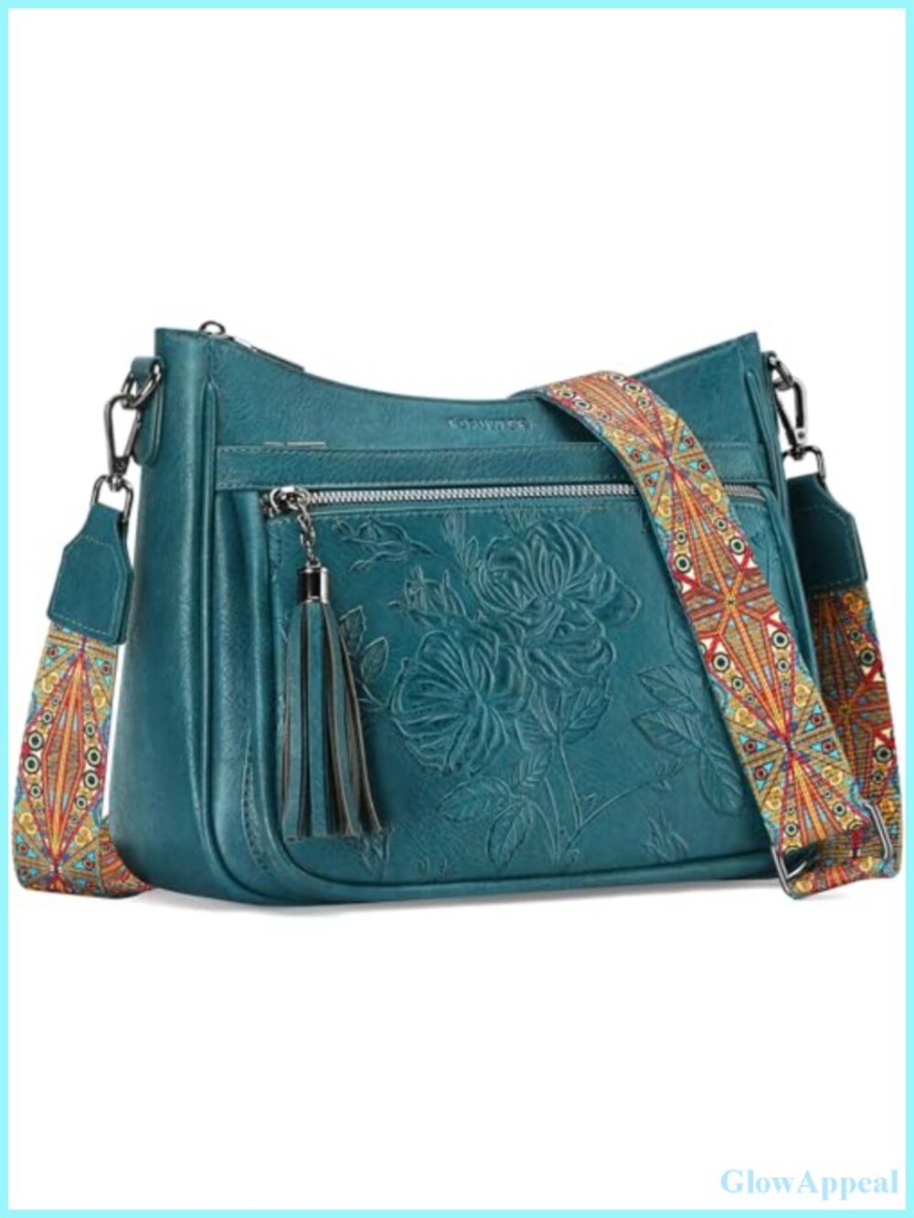 Vegan Leather Crossbody Purse Medium Floral Embossed Wide Boho Strap